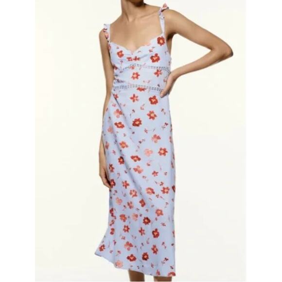 ZARA Floral Midi Dress Linen Viscose Ruffle Lace Open Back Blue Print Women's XL - Picture 2 of 11